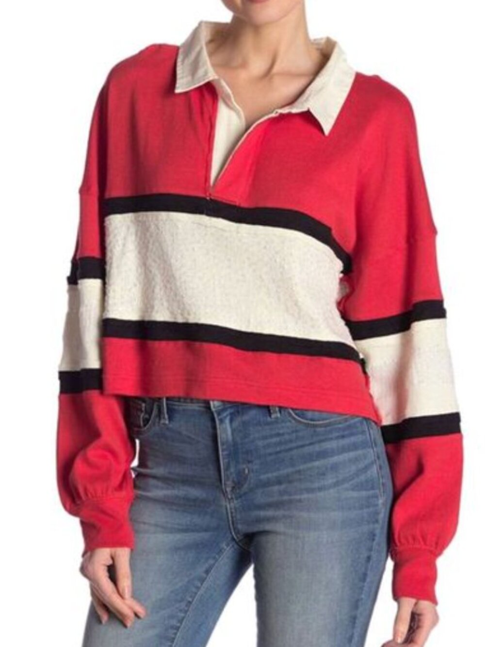 Free People We the Free Sequin Rugby Polo Crop Shirt Red White Black Large NWOT